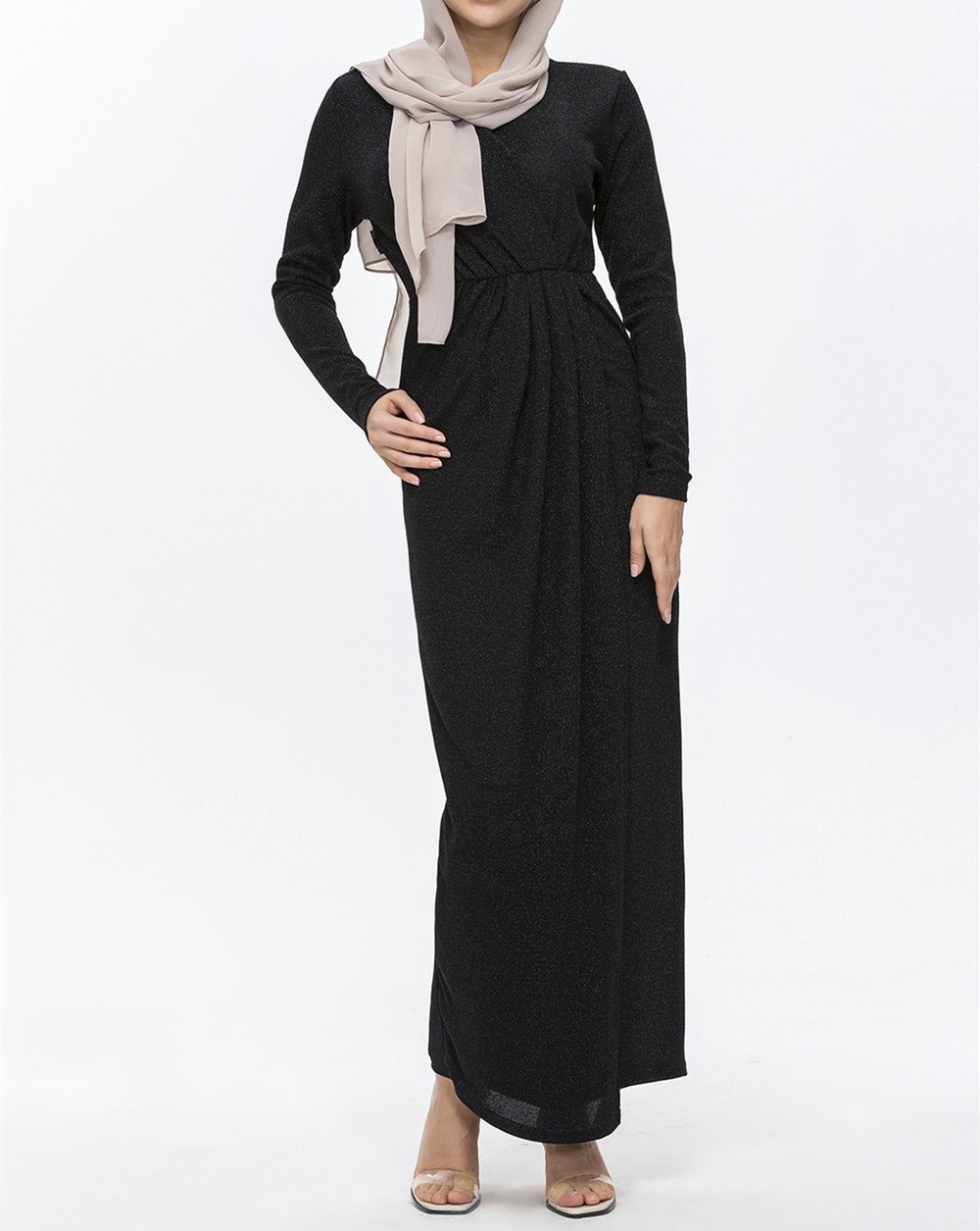 European And American Pure Color Muslim Crystal Stretch Glitter Knit Dress - Image 3
