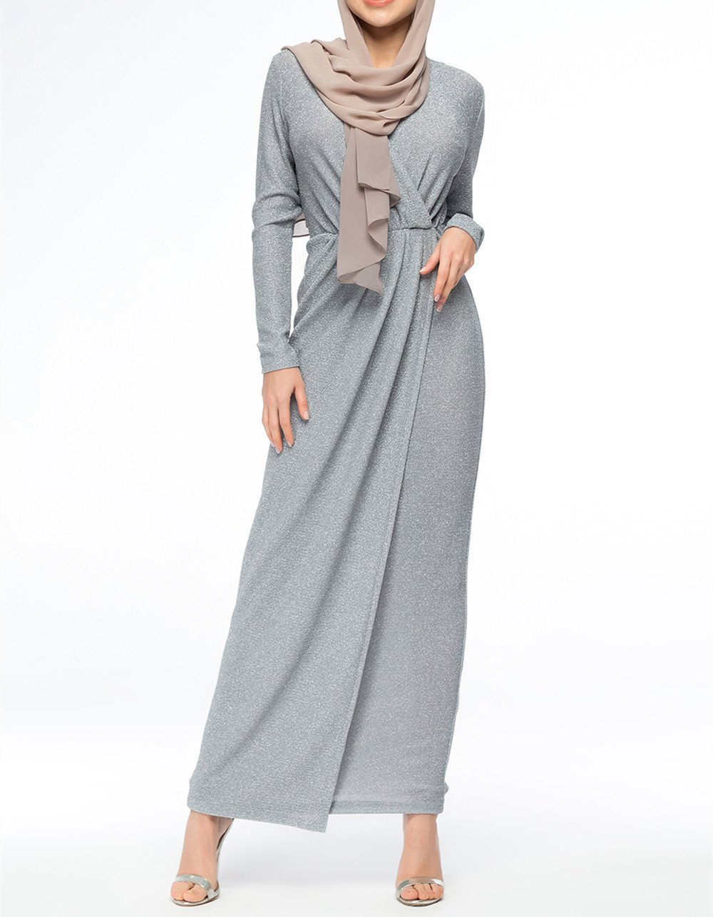 European And American Pure Color Muslim Crystal Stretch Glitter Knit Dress - Image 2