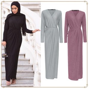 European And American Pure Color Muslim Crystal Stretch Glitter Knit Dress