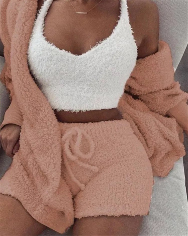 Winter Sexy Women Home Wear Suit Casual Pajamas Set Lady Female Soft Warm Long Sleeve Exposed Navel Vest Shorts Set - Image 9