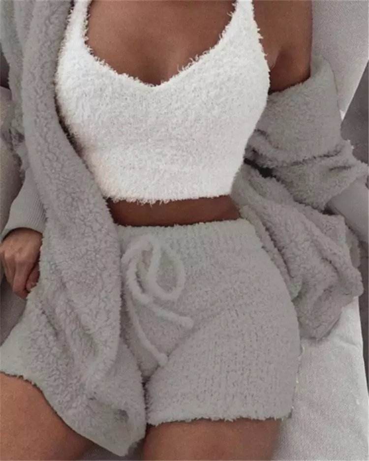 Winter Sexy Women Home Wear Suit Casual Pajamas Set Lady Female Soft Warm Long Sleeve Exposed Navel Vest Shorts Set - Image 4