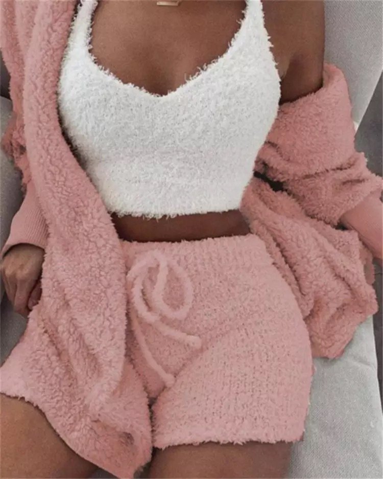 Winter Sexy Women Home Wear Suit Casual Pajamas Set Lady Female Soft Warm Long Sleeve Exposed Navel Vest Shorts Set - Image 8