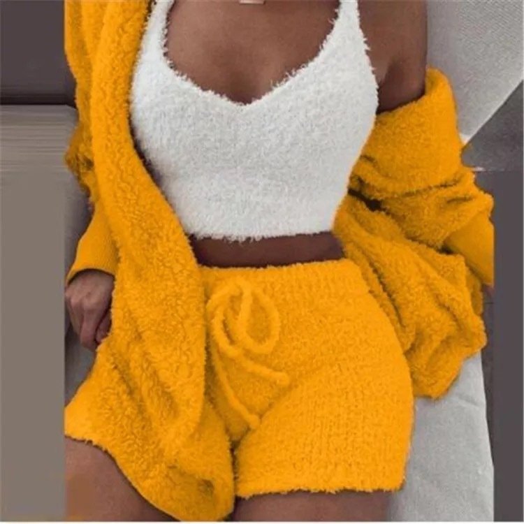 Winter Sexy Women Home Wear Suit Casual Pajamas Set Lady Female Soft Warm Long Sleeve Exposed Navel Vest Shorts Set - Image 5