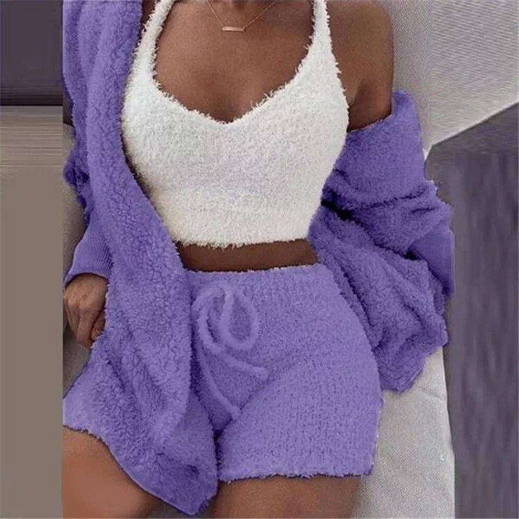 Winter Sexy Women Home Wear Suit Casual Pajamas Set Lady Female Soft Warm Long Sleeve Exposed Navel Vest Shorts Set - Image 6