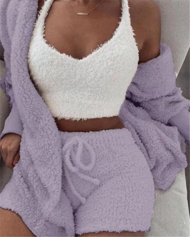 Winter Sexy Women Home Wear Suit Casual Pajamas Set Lady Female Soft Warm Long Sleeve Exposed Navel Vest Shorts Set - Image 7