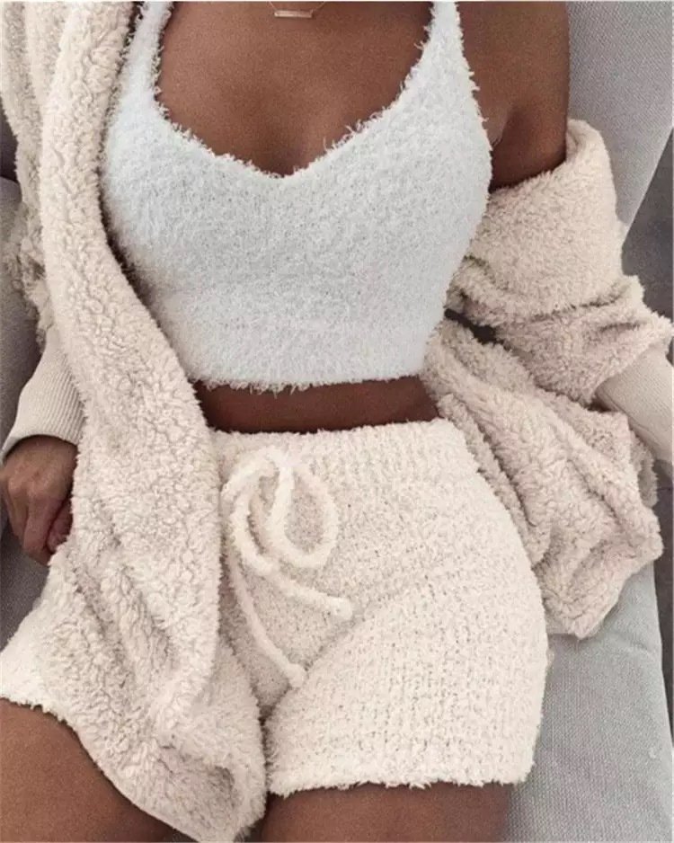 Winter Sexy Women Home Wear Suit Casual Pajamas Set Lady Female Soft Warm Long Sleeve Exposed Navel Vest Shorts Set - Image 3