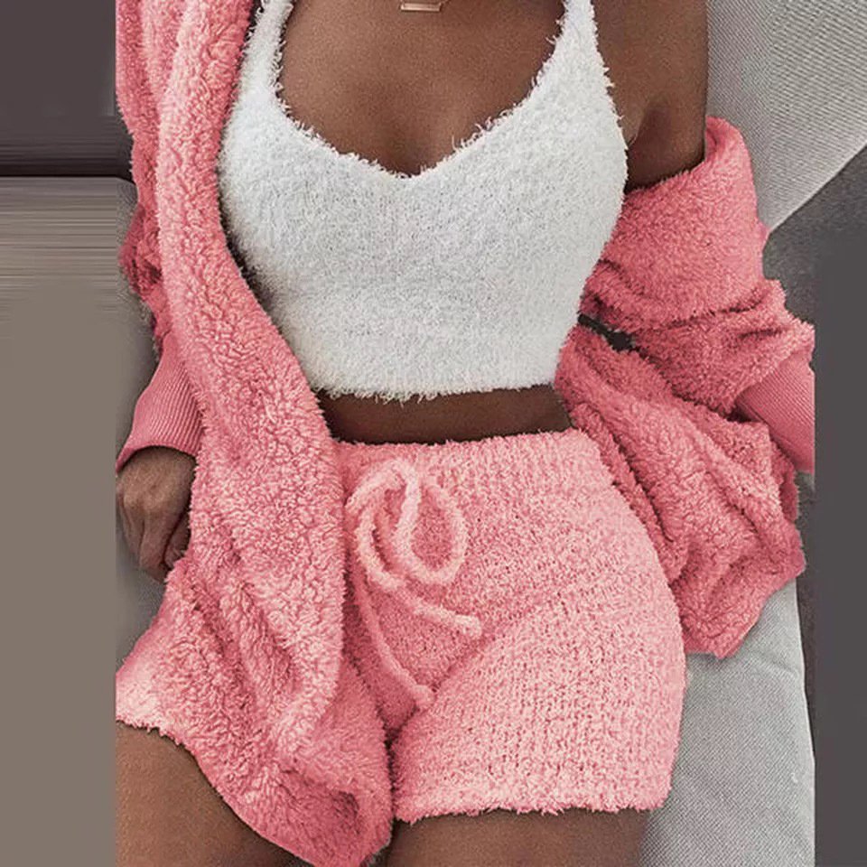 Winter Sexy Women Home Wear Suit Casual Pajamas Set Lady Female Soft Warm Long Sleeve Exposed Navel Vest Shorts Set - Image 2
