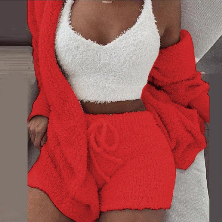 Winter Sexy Women Home Wear Suit Casual Pajamas Set Lady Female Soft Warm Long Sleeve Exposed Navel Vest Shorts Set - Image 10