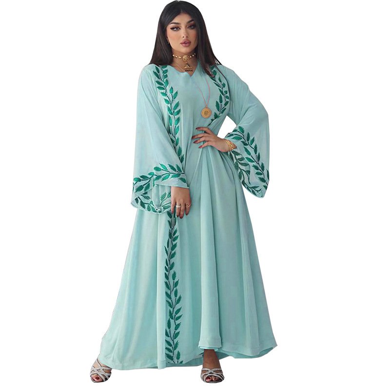Chiffon Long Muslim Embroidered Crew Neck Dress With Headscarf - Image 5