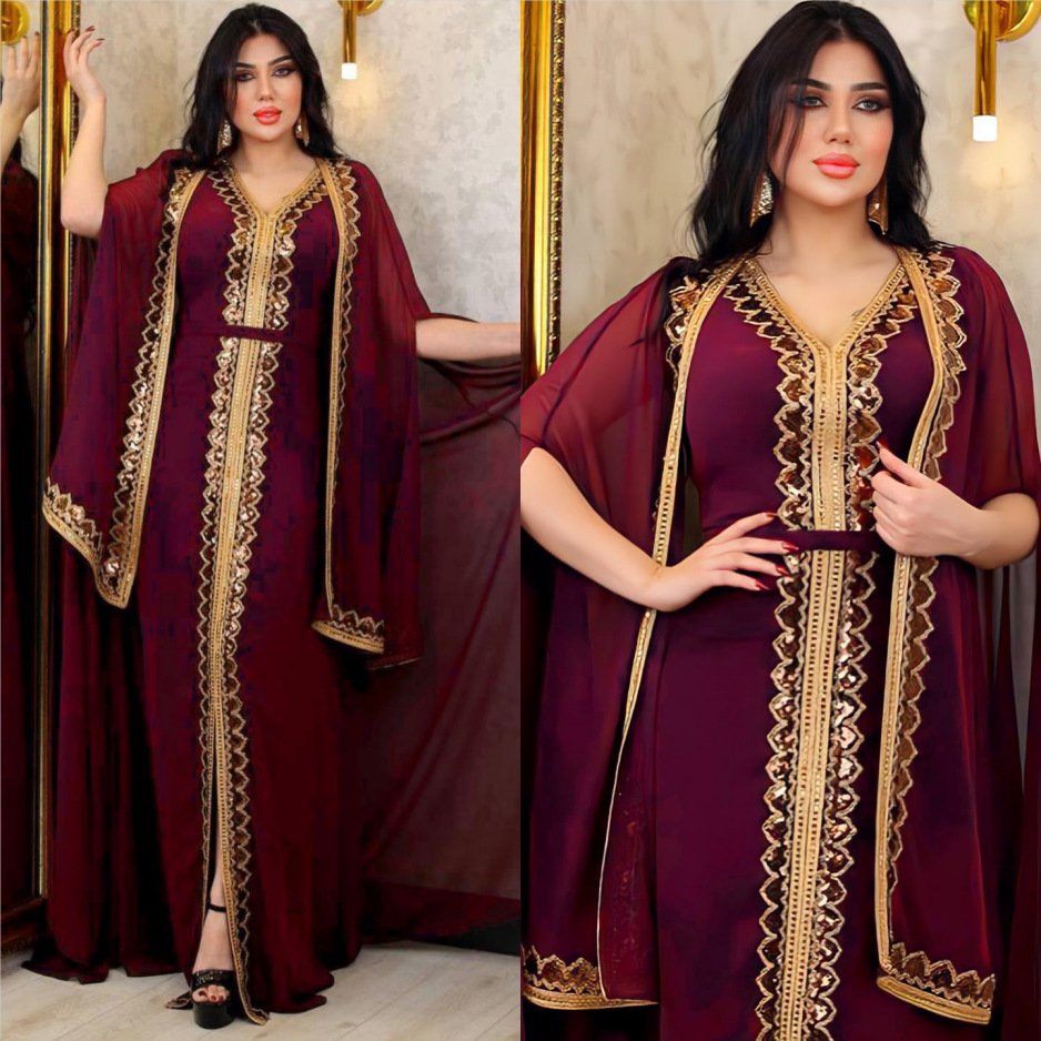 Middle East Muslim Women's Wear Sequined Gown Suit Dress Cape Robe - Image 7