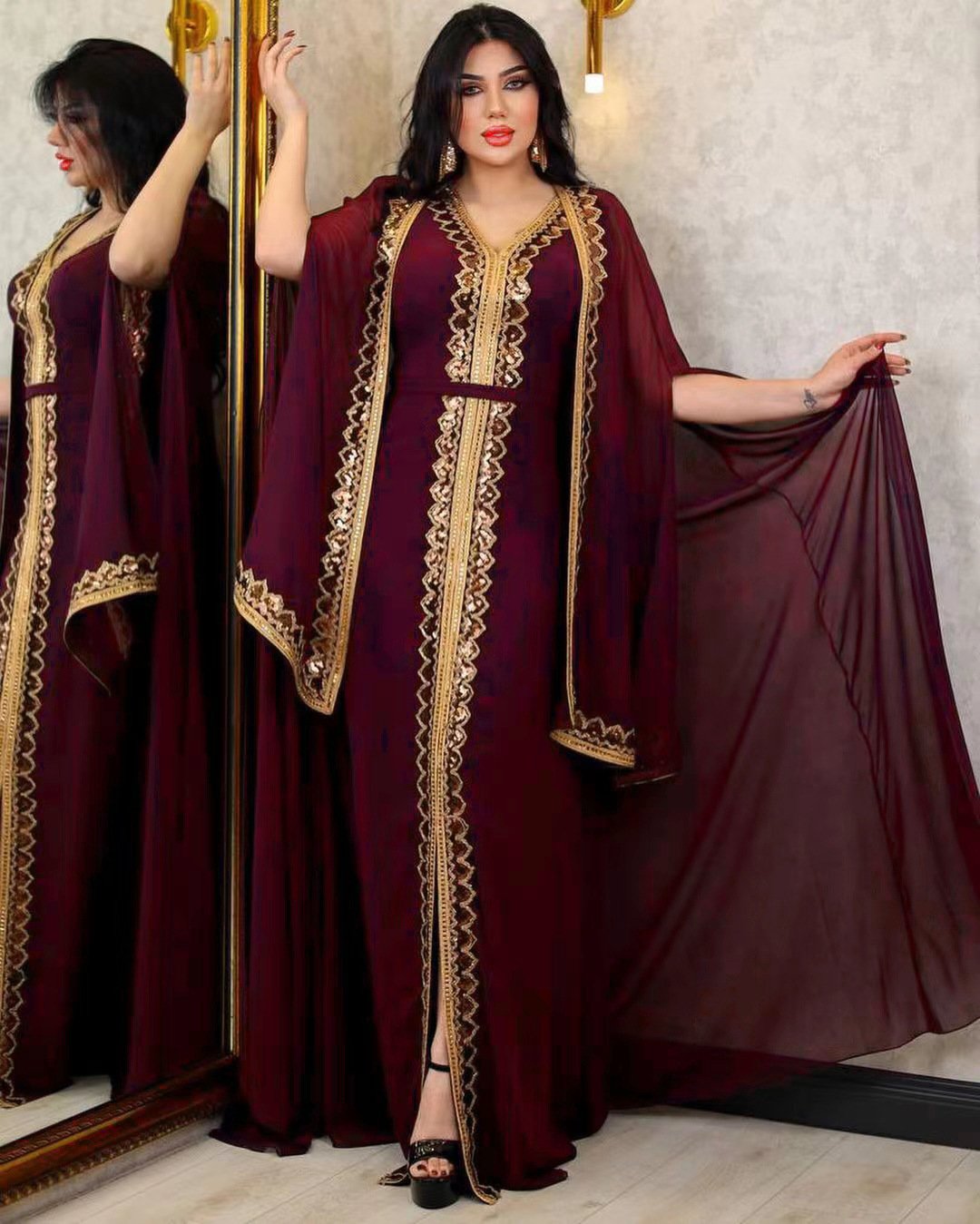 Middle East Muslim Women's Wear Sequined Gown Suit Dress Cape Robe - Image 8