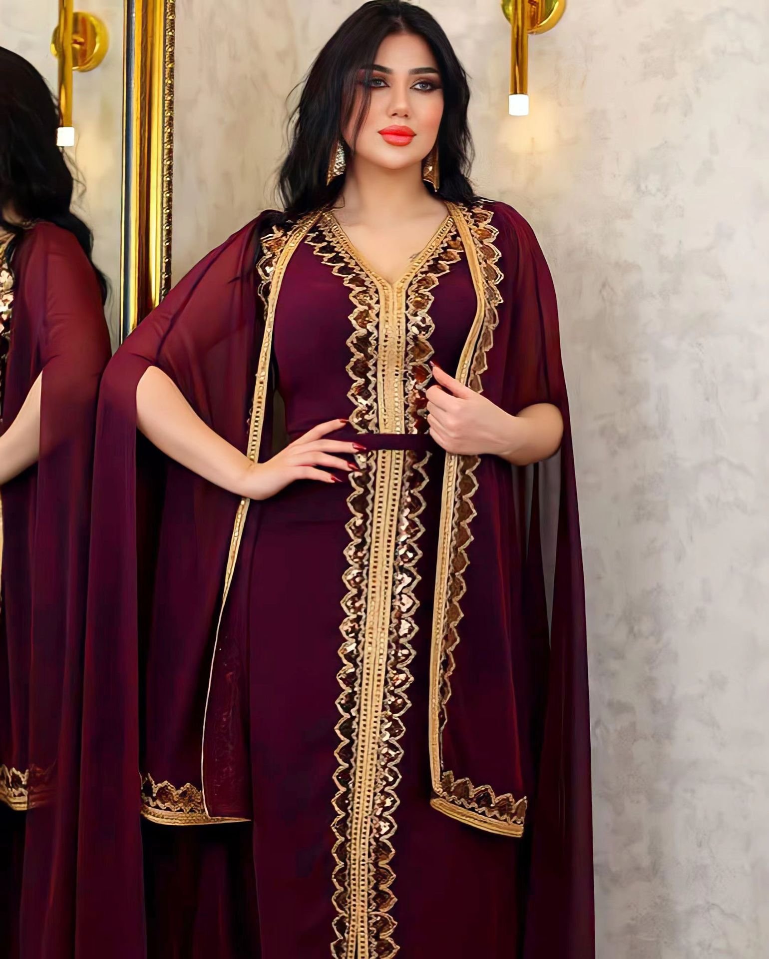 Middle East Muslim Women's Wear Sequined Gown Suit Dress Cape Robe - Image 9