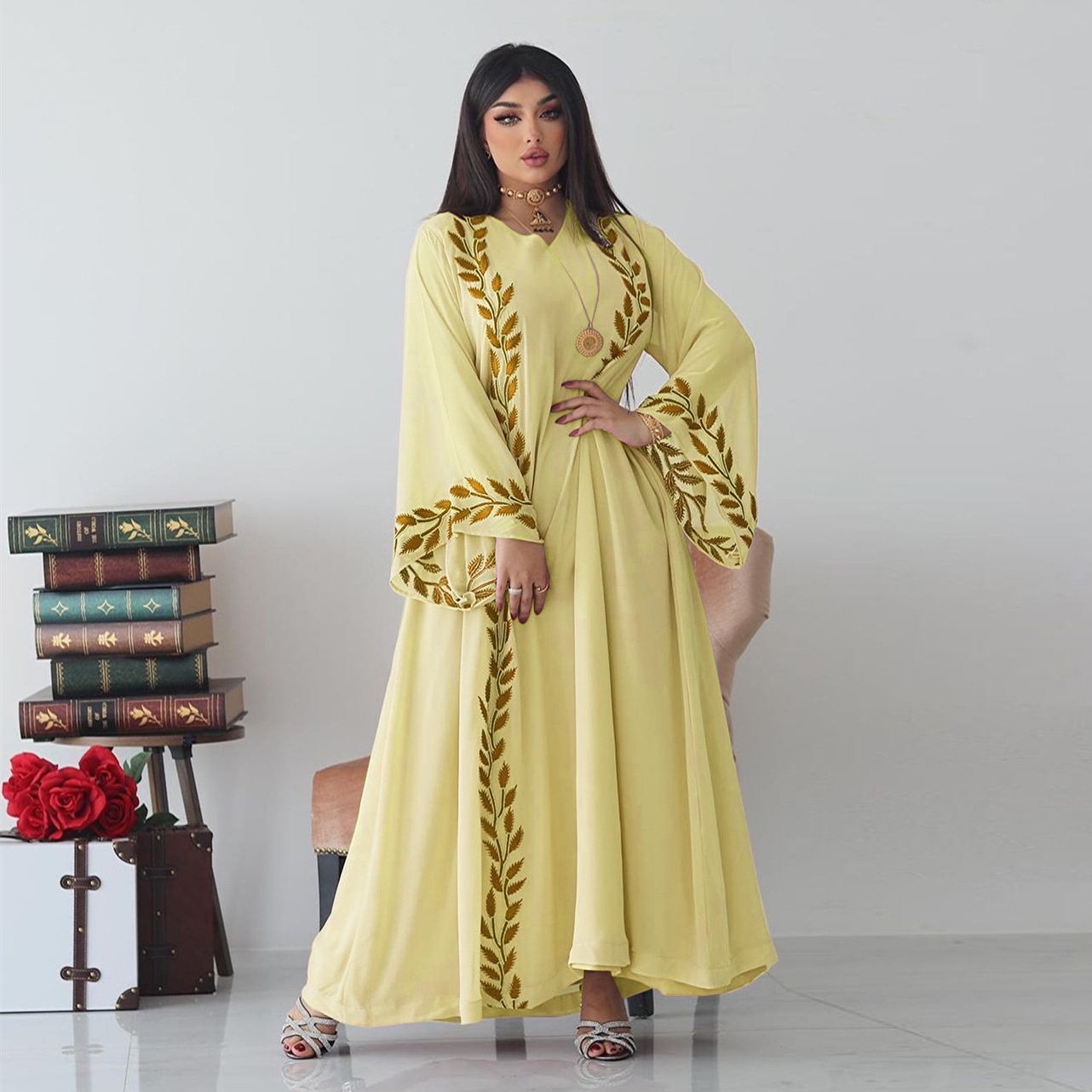 Chiffon Long Muslim Embroidered Crew Neck Dress With Headscarf - Image 3