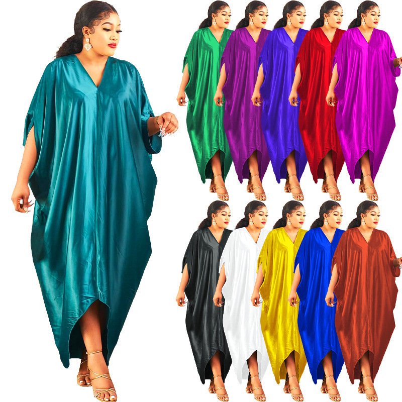 Plus Size Muslim Women's Solid Color V Neck Dress - Image 2