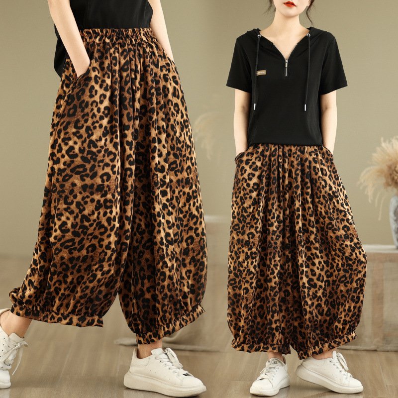 Fashionable Vintage Leopard-print Bloomers Wide-leg Pants
