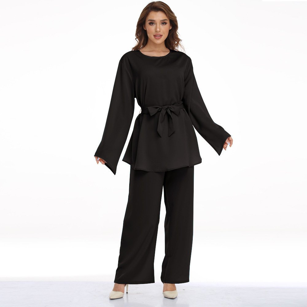 European And American Plus Size Women's Clothes Muslim Robe Lace-up Dress Two-piece Set - Image 3