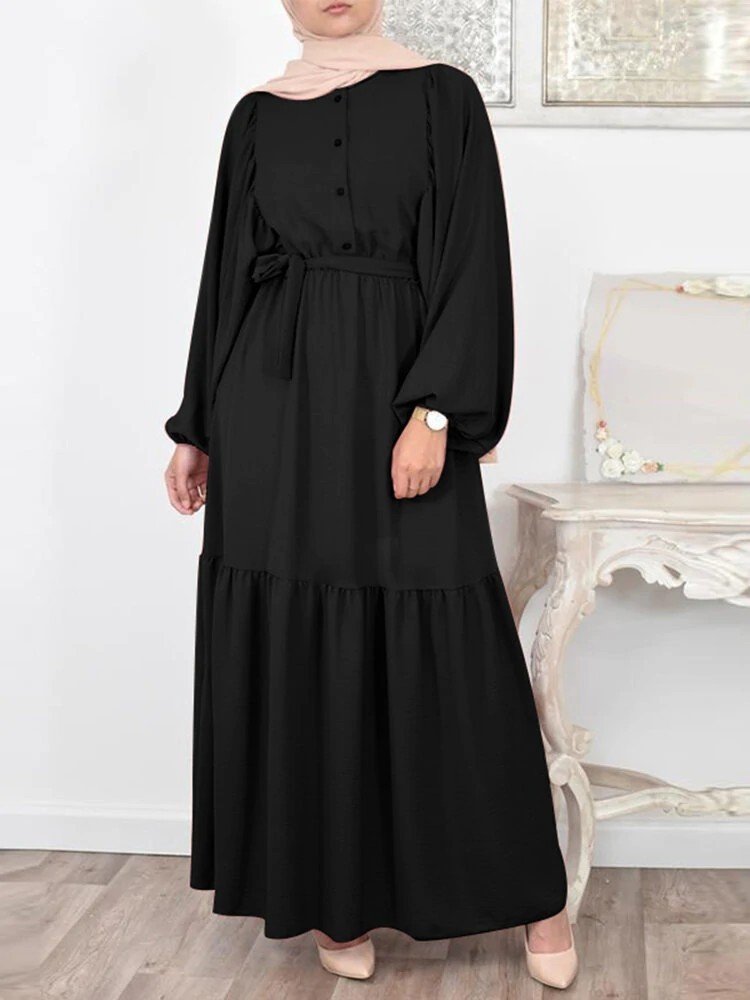 Muslim Solid Color Puff Sleeve O-neck Overlong Dress With Belt - Image 4