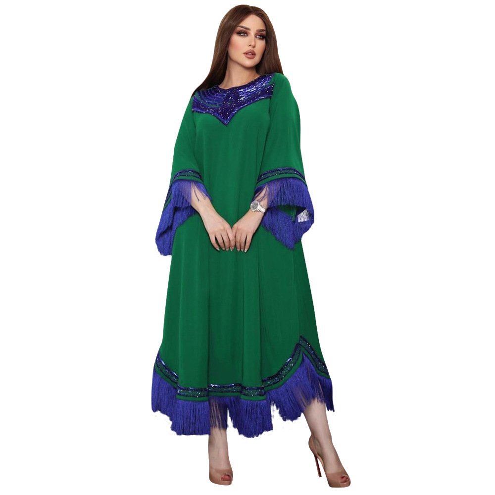 Morocco Women Sequins Tassel Muslim Abaya Kaftan Evening Dress - Image 3