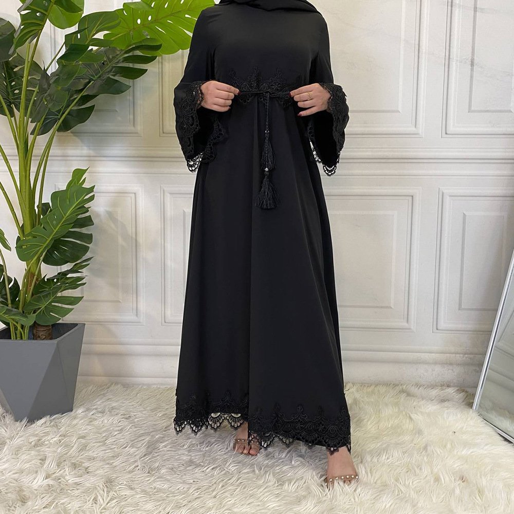 Muslim Fashion Women's Lace Splice Lace Up Dress - Image 4