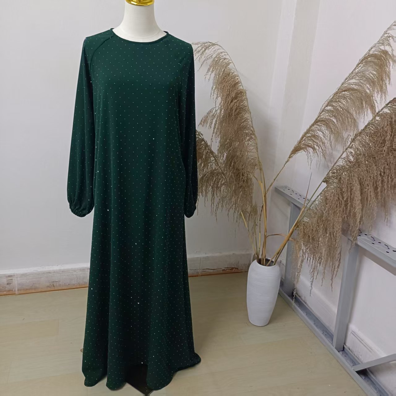 Muslim Rhinestone Dubai Round Neck Pullover Belt Dress - Image 3