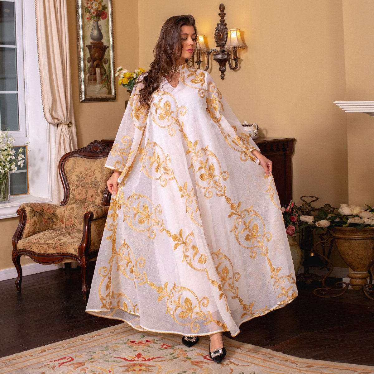 Arab Dubai Embroidered Mesh Dress European Muslim Party Dinner Fashion - Image 3
