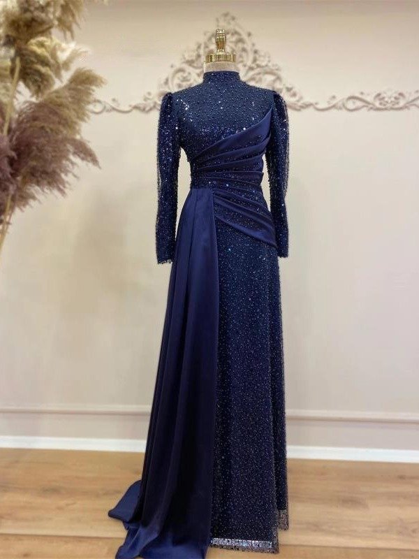 Hui Muslim Islamic Stand Collar All-inclusive Long Sleeve Sequin Lace Slimming Evening Dress - Image 7