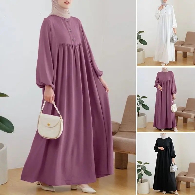 Muslim Robe Casual Lantern Sleeve Simple Solid Color Dress - Image 10