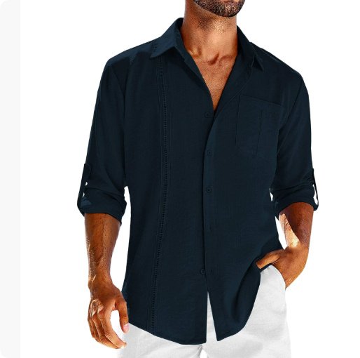 Casual Long Sleeve Shirt With Pocket Lace Polo Collar Solid Color Button Mens Clothing - Image 10