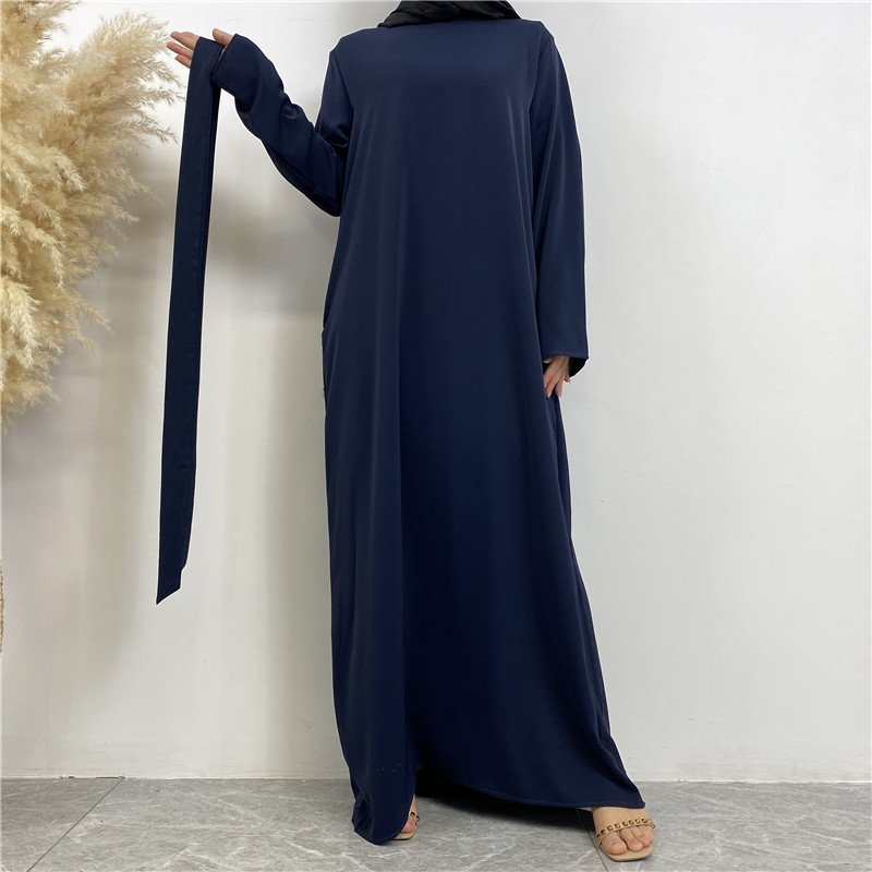 Clear Color Lace Up Muslim Dress With Pockets - Image 3