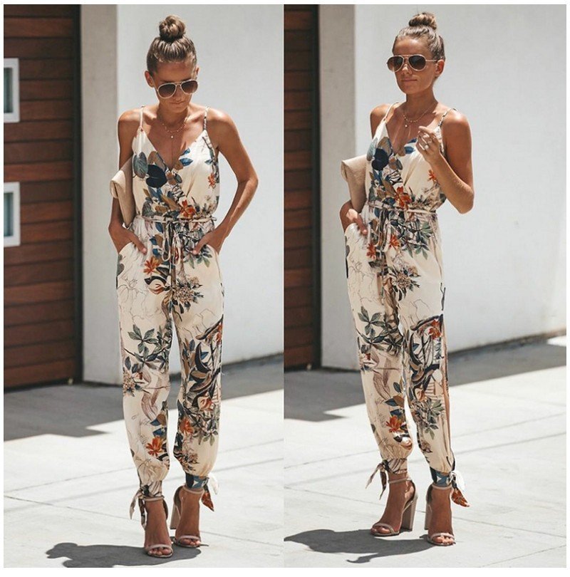 Women's Jumpsuit Flowers Print Spaghetti Strap Romper - Image 2