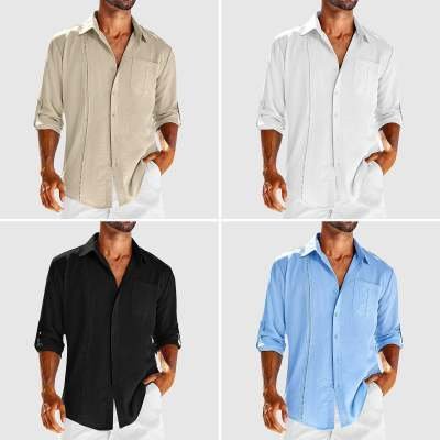 Casual Long Sleeve Shirt With Pocket Lace Polo Collar Solid Color Button Mens Clothing - Image 8