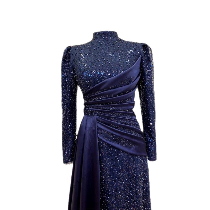 Hui Muslim Islamic Stand Collar All-inclusive Long Sleeve Sequin Lace Slimming Evening Dress - Image 3