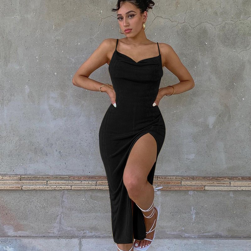 European And American Smooth Knitted Women's Slit Suspender Dress - Image 5