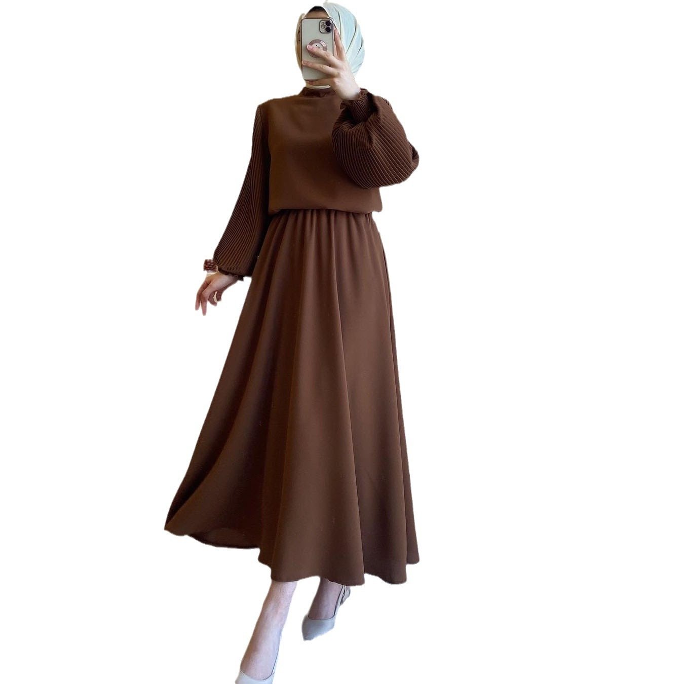 Middle East Muslim Arab Fall Winter Fashion Pleated Lace-up Dress - Image 5
