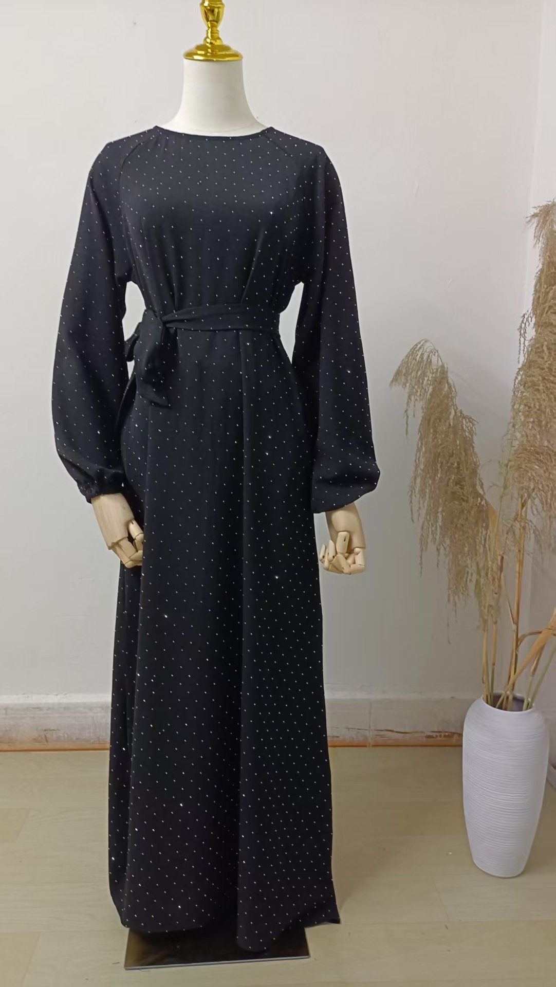 Muslim Rhinestone Dubai Round Neck Pullover Belt Dress - Image 6