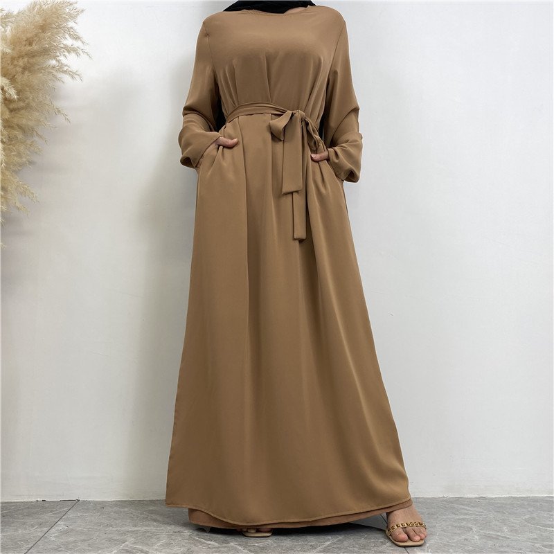 Clear Color Lace Up Muslim Dress With Pockets - Image 2