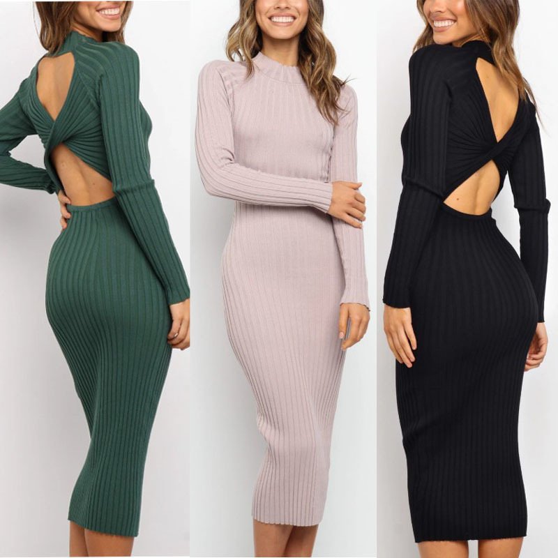 New Style Women's Suits Sweater Dresses Women's Solid Color Backless Bow Tight Dresses - Image 2