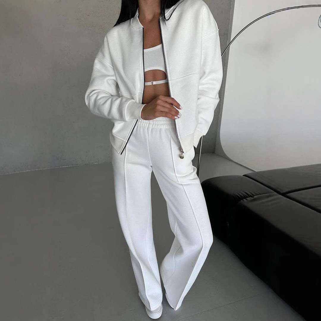 Women's Sports Suits Zipper Jacket And Wide Leg Pants Two-piece Set - Image 3