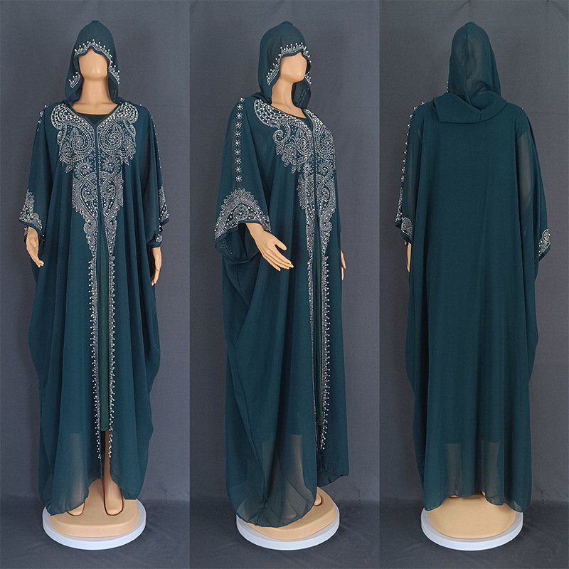 Rhinestone Beaded Muslim Long Gown African Hooded Dress - Image 10