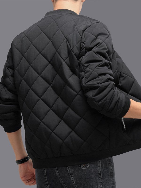 Fashion Rhombic-sewing Design Cotton Coat Winter Warm Thickened Baseball Jacket Casual Solid Color Outwear Clothing For Men - Image 4