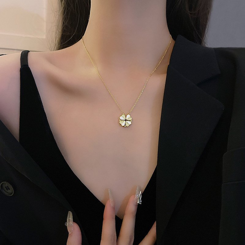 Luxury Four Leaf Clover Pendant Necklace Stainless Steel Crystal Heart Jewelry For Women Gift - Image 2