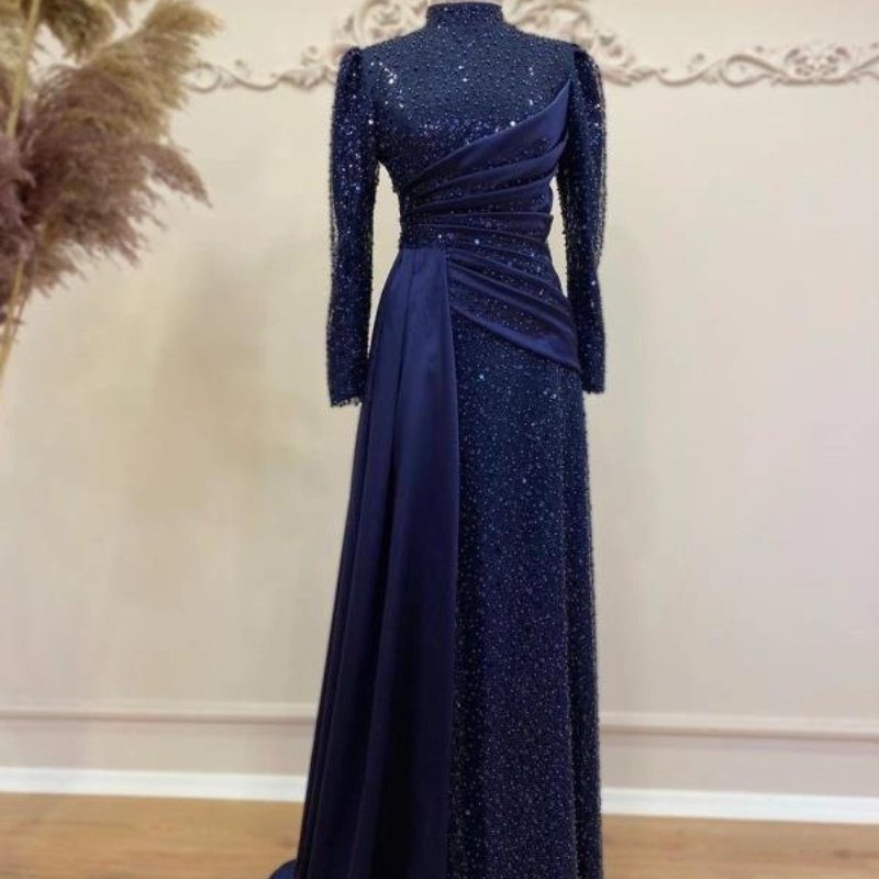 Hui Muslim Islamic Stand Collar All-inclusive Long Sleeve Sequin Lace Slimming Evening Dress - Image 9