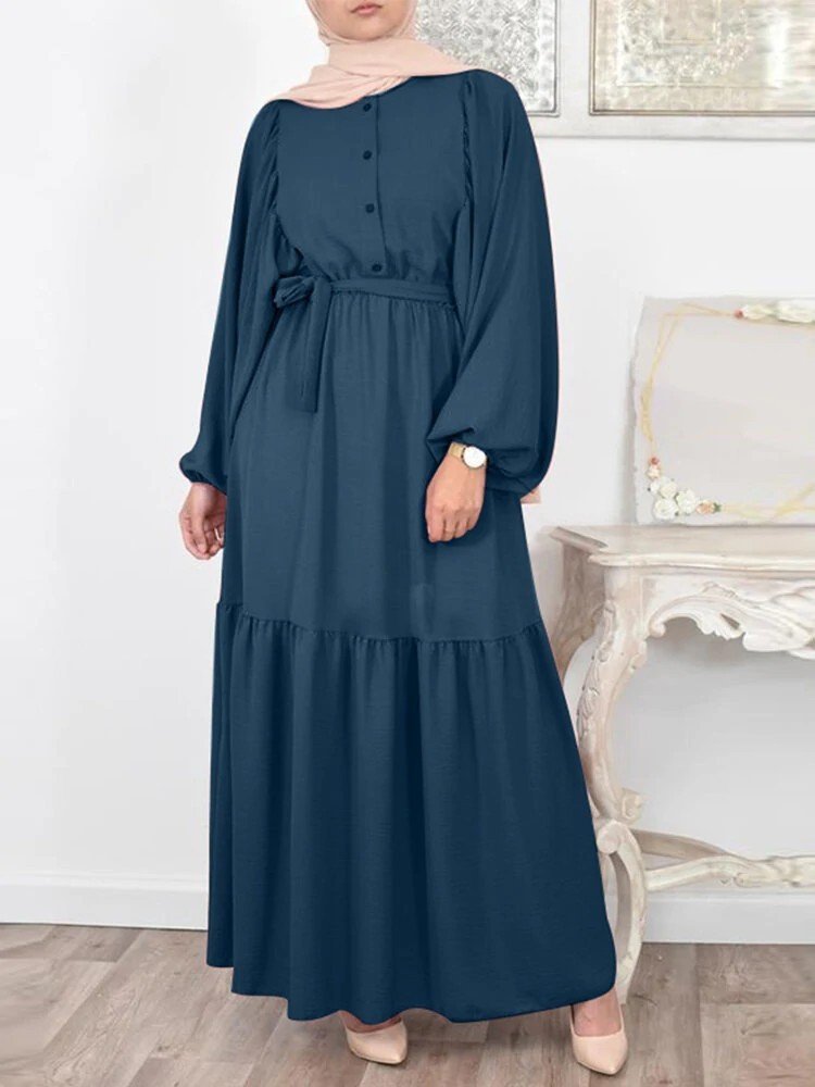 Muslim Solid Color Puff Sleeve O-neck Overlong Dress With Belt - Image 7