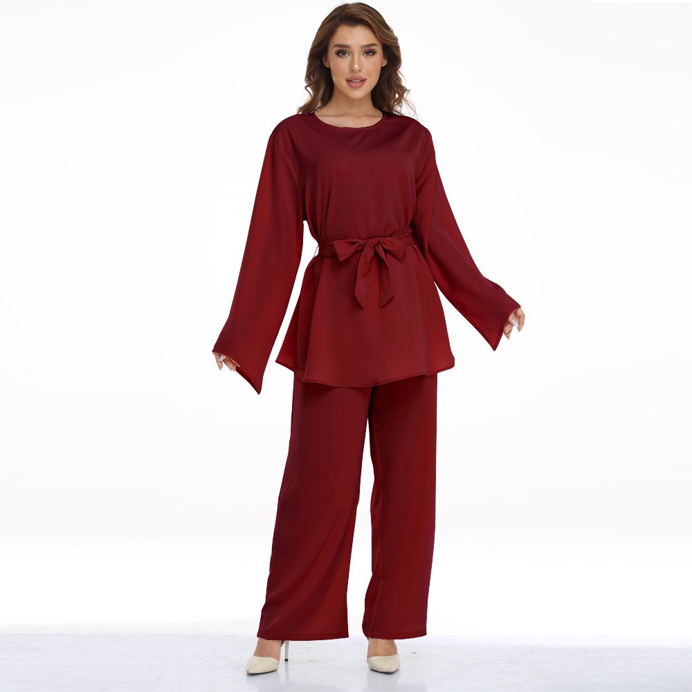European And American Plus Size Women's Clothes Muslim Robe Lace-up Dress Two-piece Set - Image 7