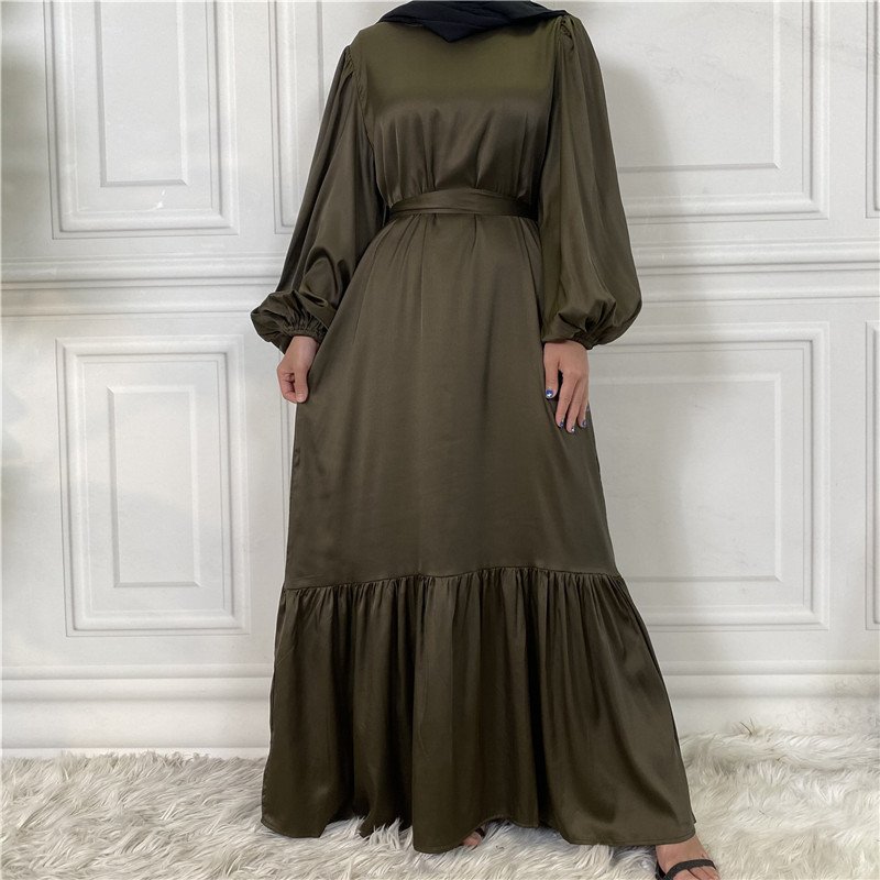 New Fashion Women's Patchwork Muslim Lace Up Solid Color Dress - Image 4