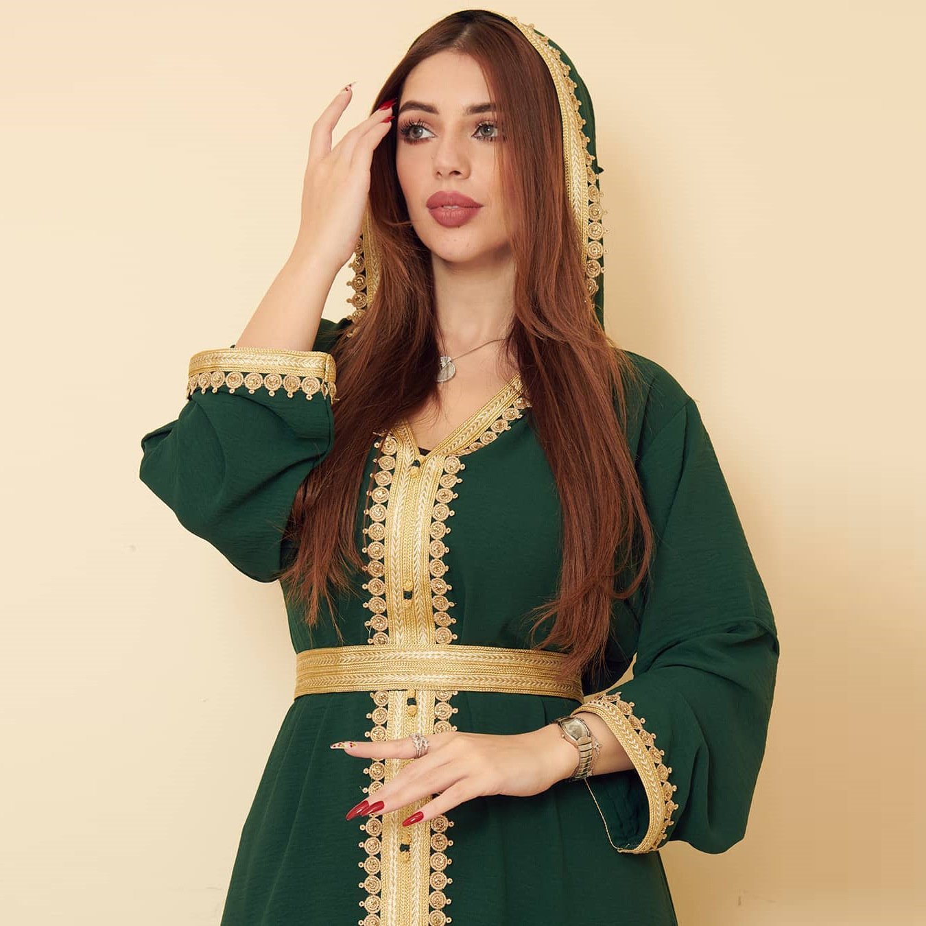Linen Green Muslim Saudi Arabian Hooded Women's Swing Dress - Image 3