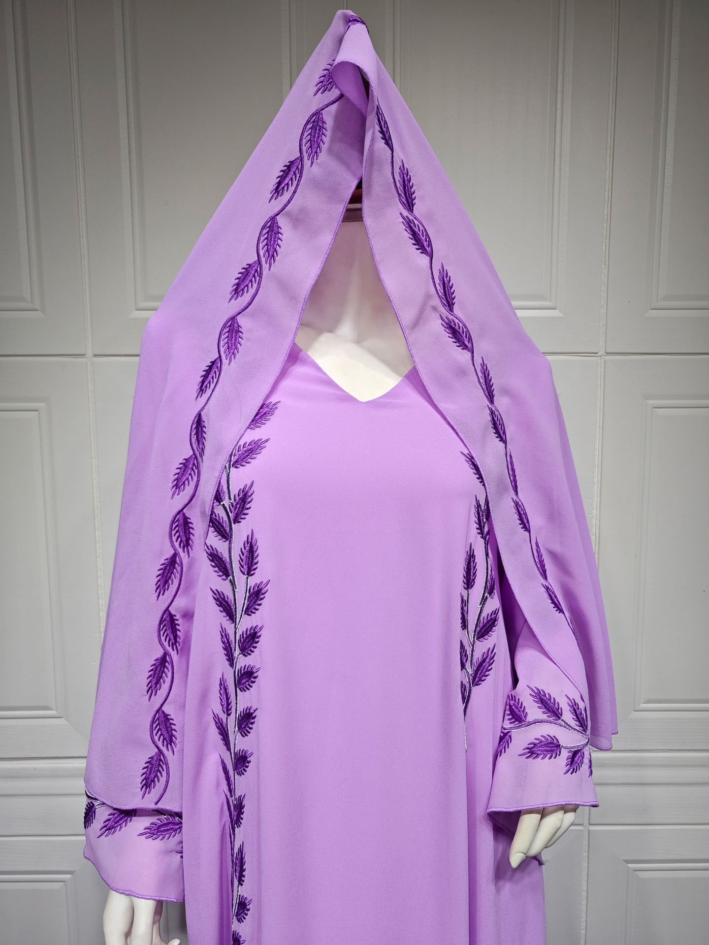 Chiffon Long Muslim Embroidered Crew Neck Dress With Headscarf - Image 9