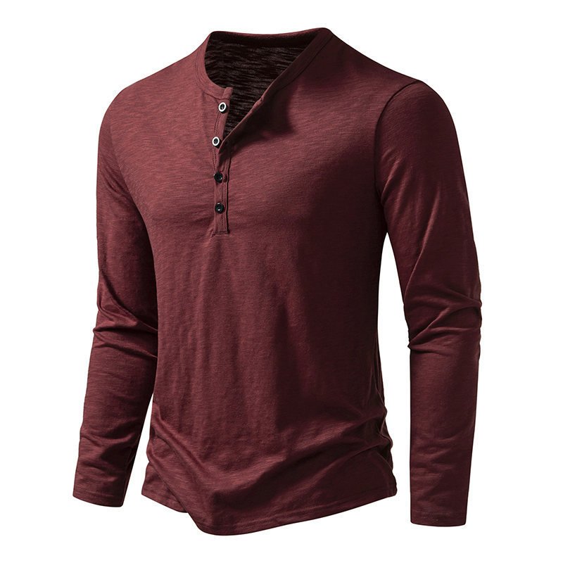Men's Long-sleeved T-shirt Fashion Casual Solid Color Pullover Button Top Autumn And Spring Clothing - Image 3