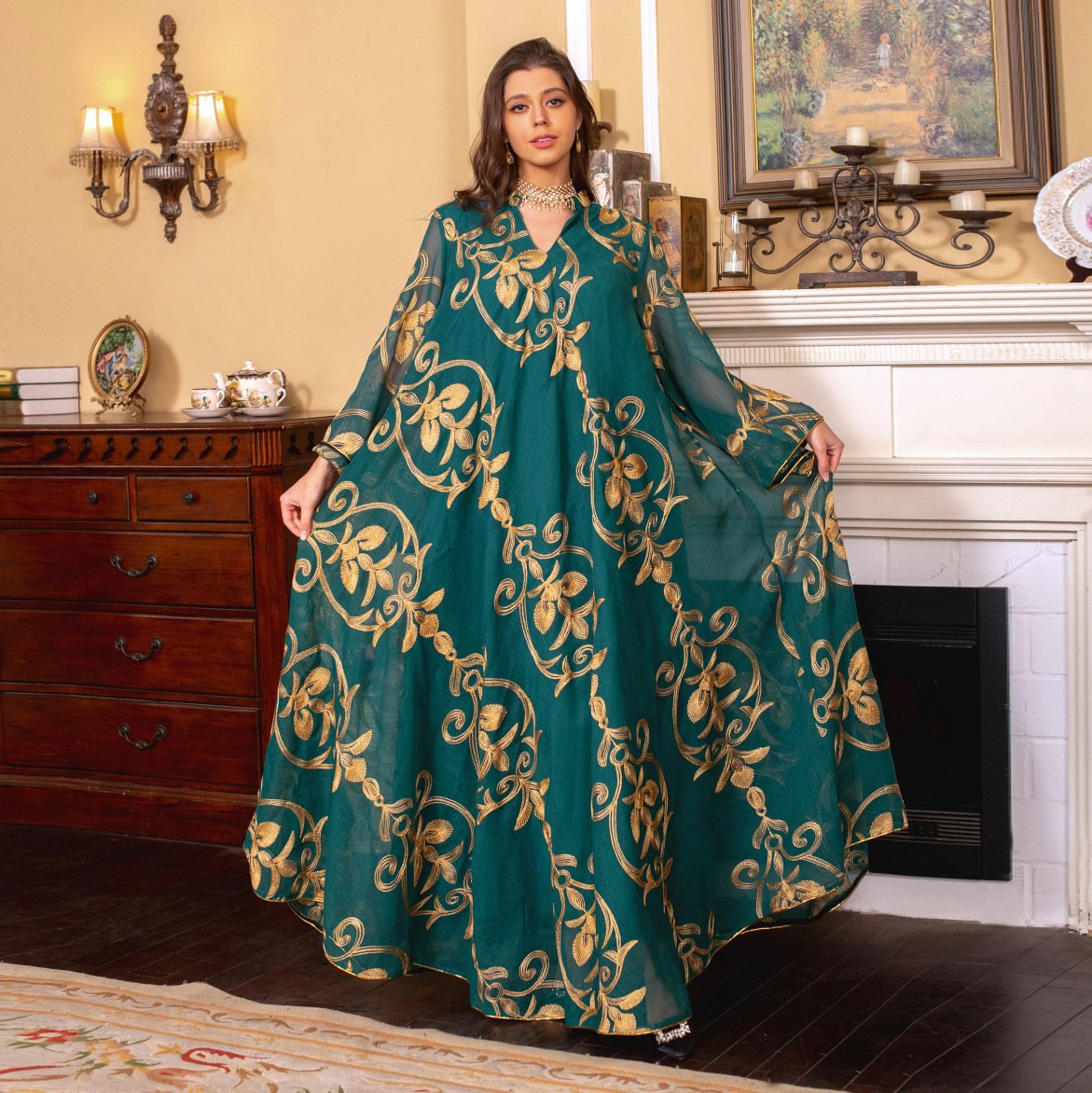 Arab Dubai Embroidered Mesh Dress European Muslim Party Dinner Fashion - Image 2