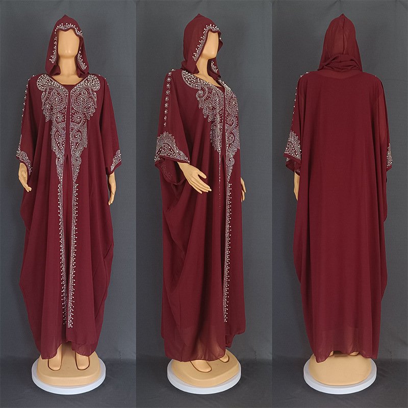 Rhinestone Beaded Muslim Long Gown African Hooded Dress - Image 8